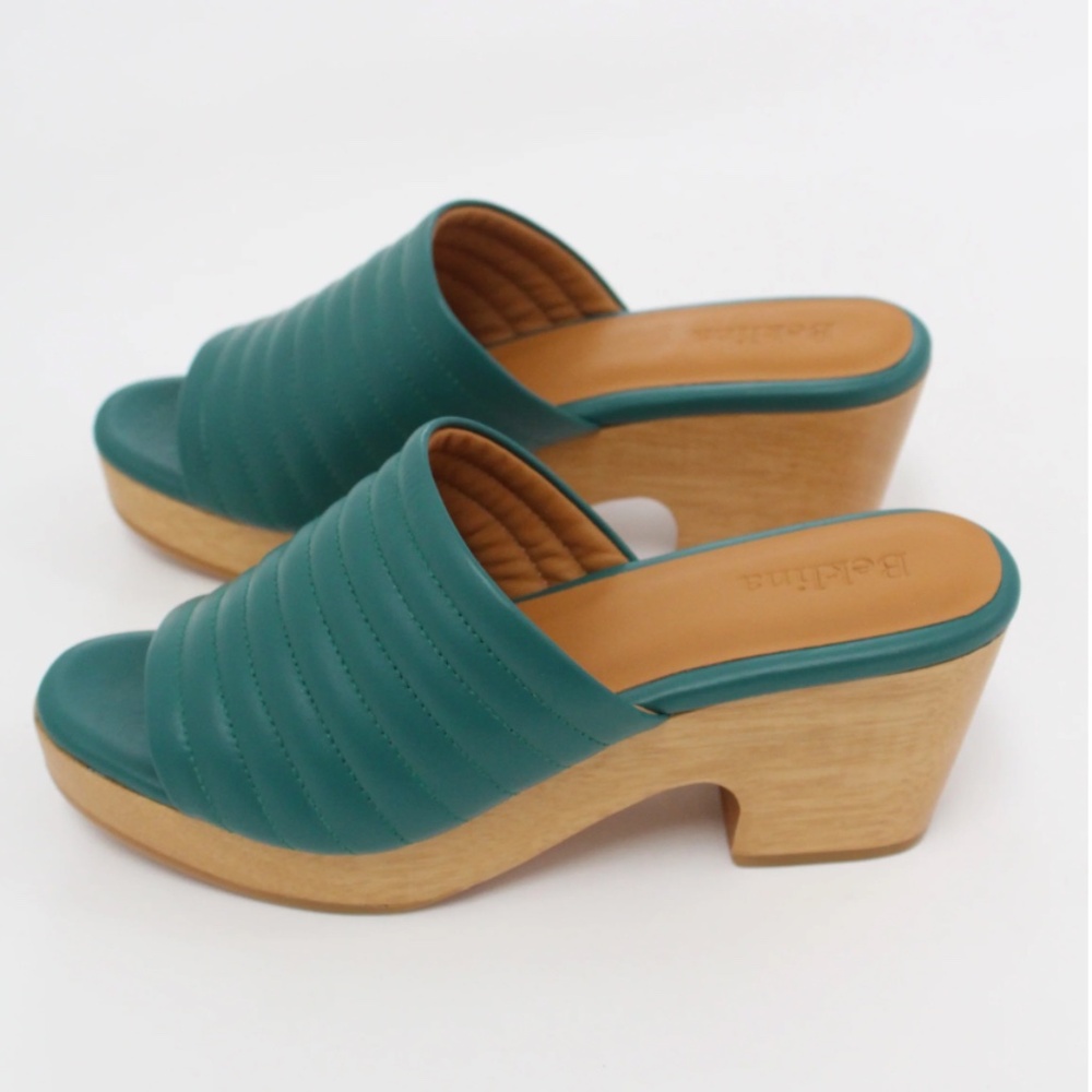BEKLINA Ribbed Clog Open Toe Cypress Green Leather Clogs Rib Lego Wood Wedge 8.5
